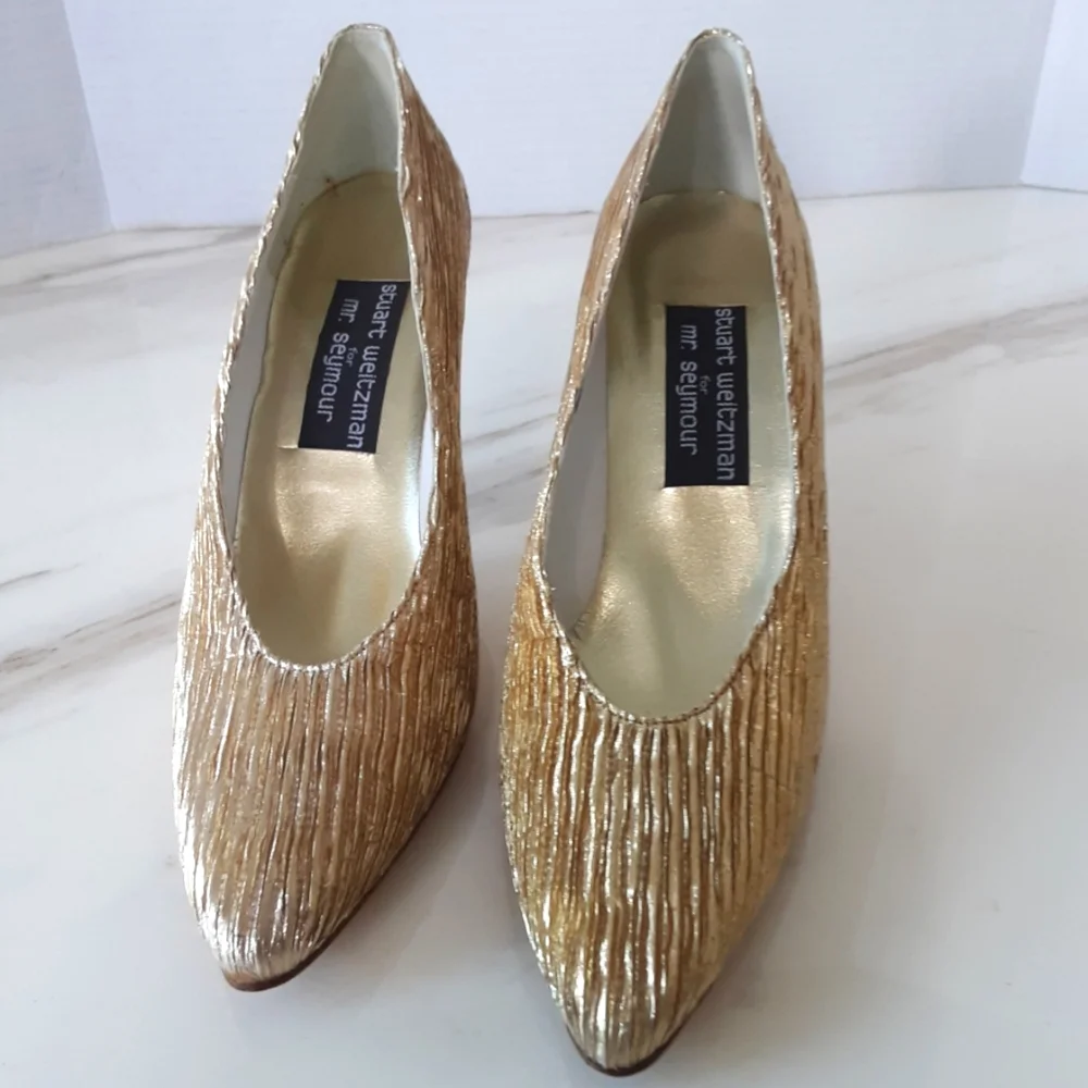 STUART WEITZMAN for MR SEYMOUR GOLD METALLIC FABRIC PUMPS 7W - Picture 3 of 7